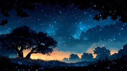 Obraz premium Evening starlit sky over a tranquil landscape with silhouetted trees and vibrant colors