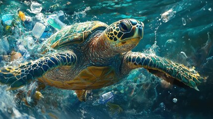 Obraz premium A sea turtle swims through polluted water, highlighting the dangers of plastic pollution.