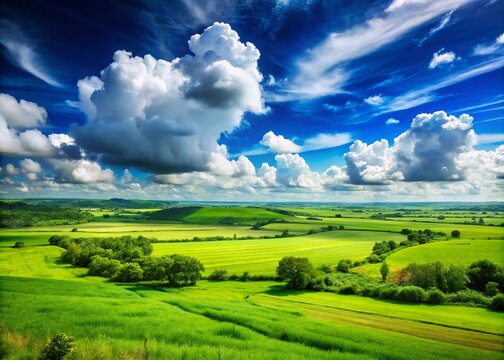 Expansive Lush Green Plains Under a Bright Blue Sky with Fluffy White Clouds on a Sunny Day