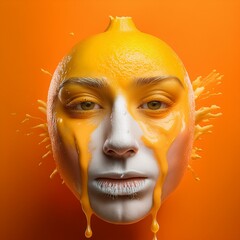 A woman's face is painted with orange paint