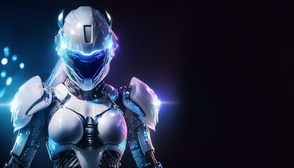 A woman in a futuristic costume with a helmet on her head