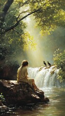 Obraz premium A serene scene of a girl by a waterfall, surrounded by nature and birds.