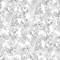 An Abstract Seamless Pattern Featuring Black outline flowers on a Clean White Background