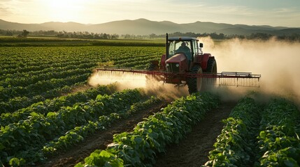 Fototapeta premium A red tractor sprays a field of crops at sunset.
