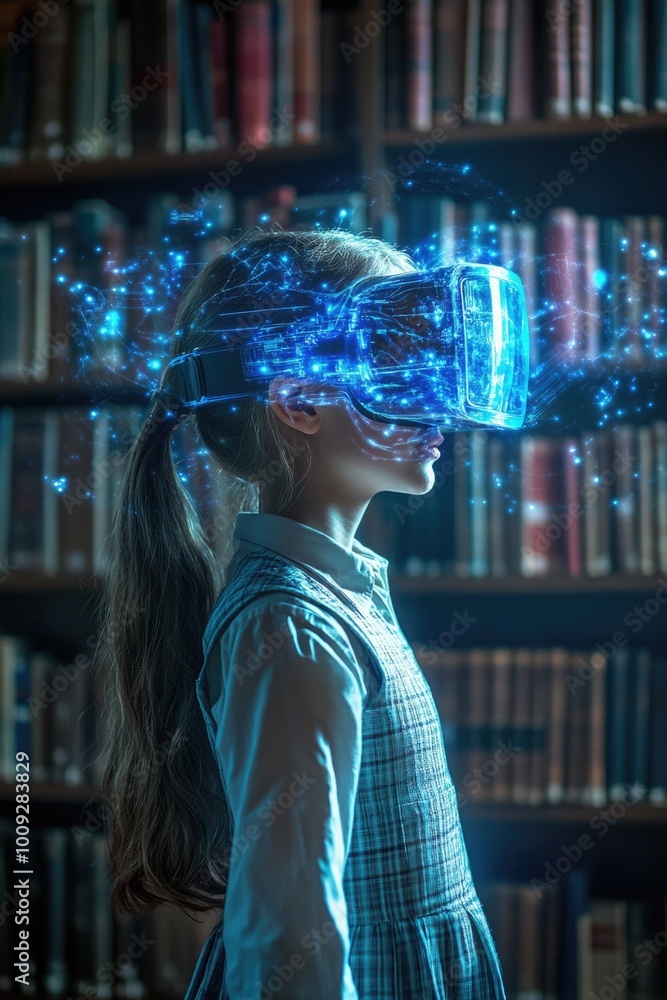 Poster young child learning with vr technology in a quiet library setting, suitable for education or tech-r