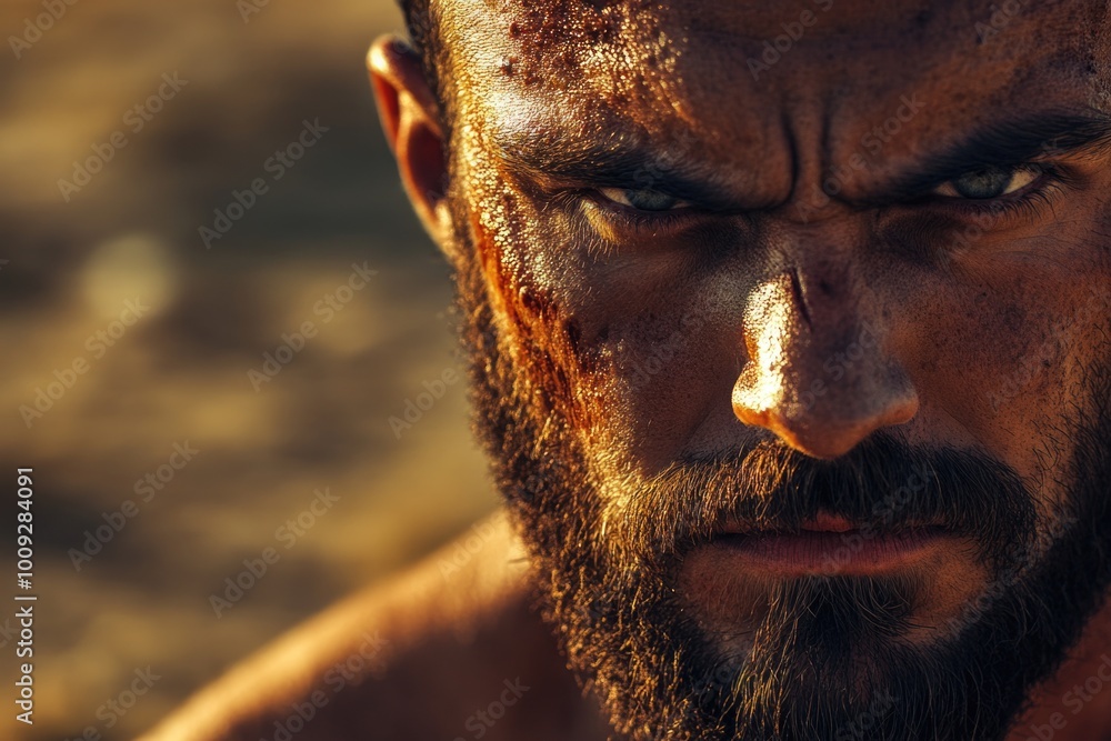 Poster a close-up shot of a man with a beard, perfect for editorial or commercial use