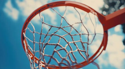 A close-up shot of a basketball net against a clear blue sky