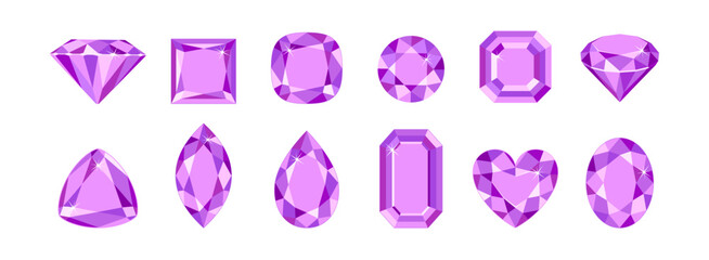 Purple gemstones of different shapes isolated on white background. Amethyst crystals set. Vector cartoon flat illustration.