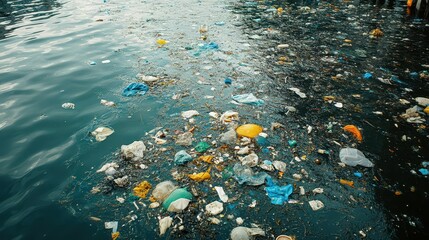 Plastic pollution litters the surface of the water, a stark reminder of our impact on the environment.