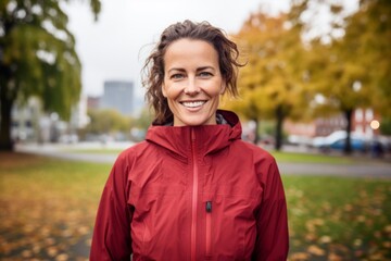 Fototapeta premium Portrait of a happy woman in her 40s wearing a windproof softshell isolated in vibrant city park