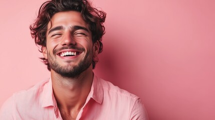 Obraz premium Portrait of a happy handsome man in a shirt with laughing