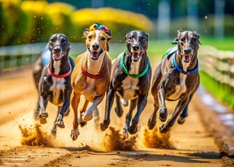 Fast and Agile Greyhound Dogs Racing on Track in Competitive Event with Exciting Atmosphere
