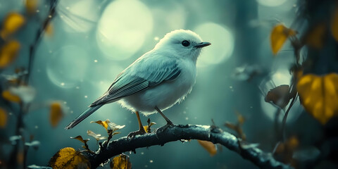 Obraz premium A Delicate White Bird Perches on a Branch, Surrounded by a Dreamy, Teal-Colored Forest