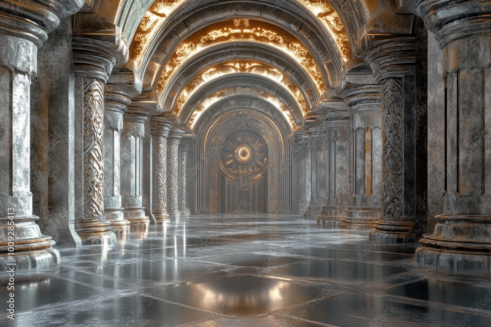 Poster A room with columns and a clock on the wall, suitable for interior design or architecture images
