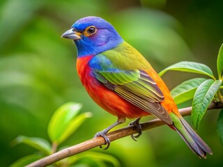 Fototapeta premium Female Painted Bunting Perched on a Branch in Natural Habitat with Green Foliage Background