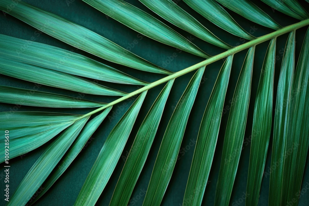 Poster A detailed shot of a single green leaf against a dark background, ideal for use in designs and illustrations where a pop of color is needed