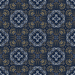 black, gold, white, fabric abstract seamless pattern. design for background, wallpaper, carpet, clothing, batik, textile, embroidery, sarong, interior decoration, floor, curtain, printing