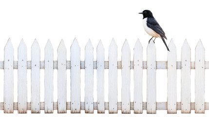 Bird perched on a white picket fence, isolated on white background.