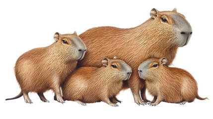 Capybara family in a grouping, white isolated background
