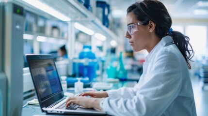 A woman in a lab coat is typing on a laptop computer