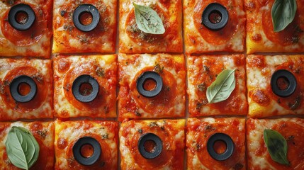 Birds eye view of a pizza cut into squares unconventional and playful.