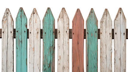 Fototapeta premium Colorful wooden fence with weathered paint, white isolated background.