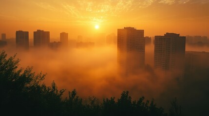 Silhouettes of skyscrapers emerge from a thick fog at sunrise.