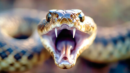 Close-up of an angry snake ready to strike, showcasing sharp teeth and intense focus, set against a softly blurred background in natural light