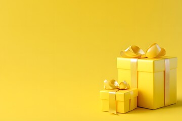 yellow gift box of present with ribbon and bow, surprise packaging