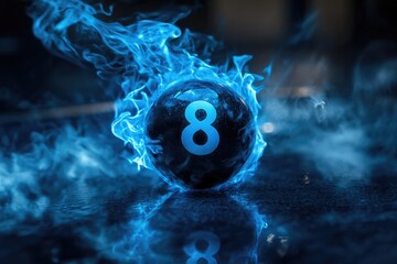 A close-up of a black ball with the number 8 marked on it