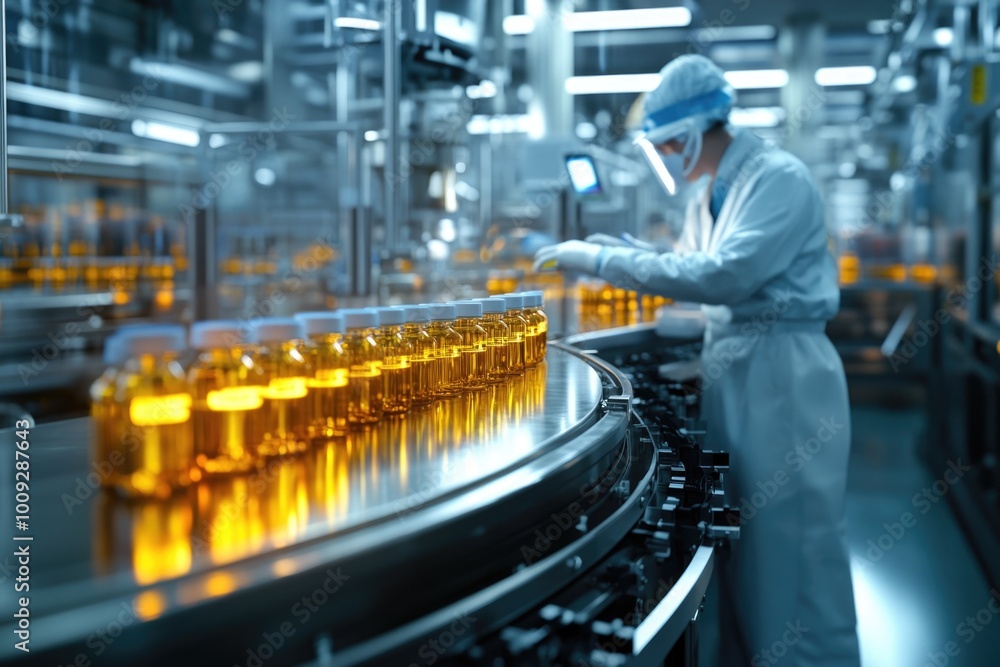 Poster a person in a lab coat tinkers with a complex machine, possibly in a research or manufacturing setti