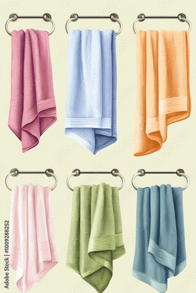 Poster a collection of colorful towels hung neatly on a rail, suitable for use in bathroom or bedroom