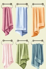 A collection of colorful towels hung neatly on a rail, suitable for use in bathroom or bedroom