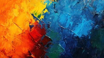 closeup of abstract rough colorful art painting texture with oil brushstroke pallet knife paint on canvas complementary colors