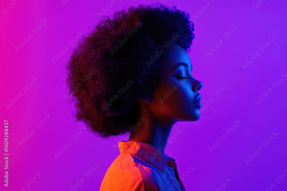 Wall mural A woman wearing a white shirt against a bright purple background