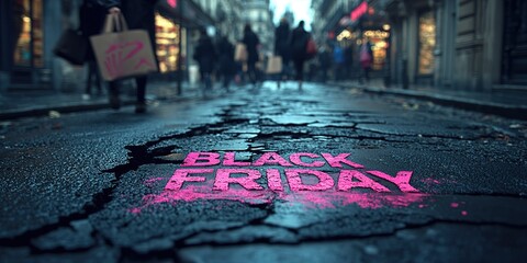 A close-up of a pink Black Friday inscription on the asphalt against a background of blurred people with colorful bags. The concept of discounts and sales