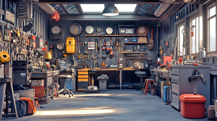 Inside a vibrant auto repair shop, mechanics diligently work on vehicles surrounded by various tools, embodying the essence of craftsmanship and teamwork