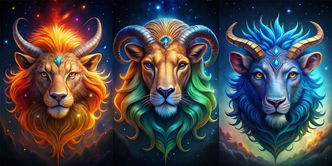 Fiery Zodiac Signs Illustrations Representing Aries, Leo, and Sagittarius in Dynamic Styles