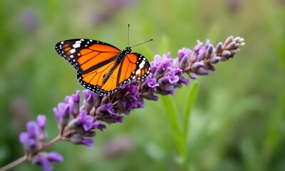 Fototapeta premium A close-up of a vibrant monarch butterfly resting on a blooming lavender plant. The butterfly’s orange wings stand out against the soft purple flowers, with a blurred green garden in the background.