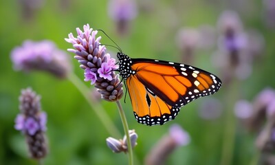 Fototapeta premium A close-up of a vibrant monarch butterfly resting on a blooming lavender plant. The butterfly’s orange wings stand out against the soft purple flowers, with a blurred green garden in the background.