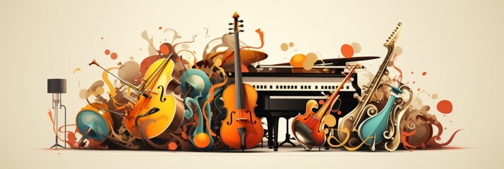 Stylized poster featuring icons of guitar, violin, saxophone, and piano in a musical theme