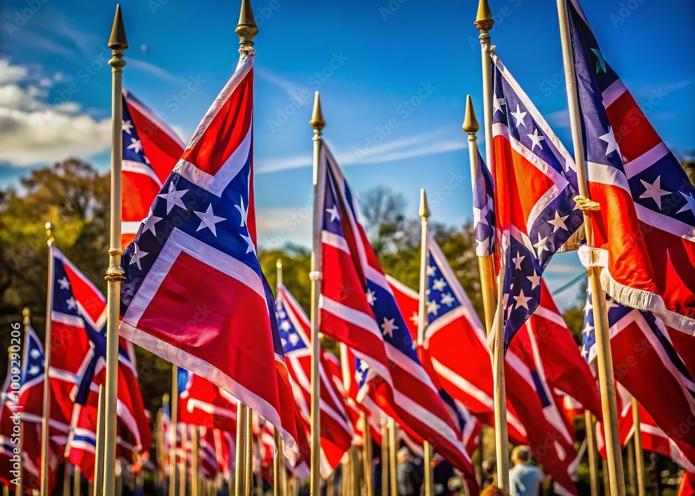 Poster flags displaying the confederate flag with additional colorful banners in a varied outdoor setting