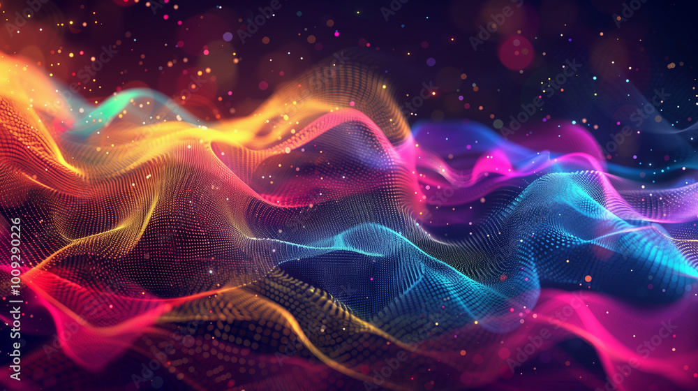Poster abstract digital background with colorful glowing mesh, networking data connectivity internet commun