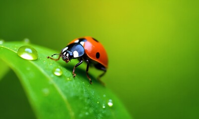 Fototapeta premium A close-up of a ladybug crawling on a vibrant green leaf, with tiny droplets of water glistening in the sunlight.