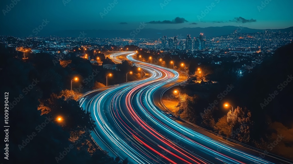 Fototapete A futuristic city highway at night with glowing light streaks, capturing the speed and dynamic energy of modern urban transportation, Generative AI