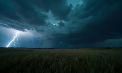 A stormy sky over a vast grassland, with dark clouds rolling in and distant lightning illuminating the horizon. Tall grasses sway in the wind as the approaching storm creates a sense of anticipation.