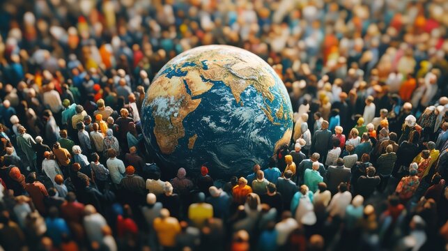 Digital illustration representing a diverse global population focused around an earth globe