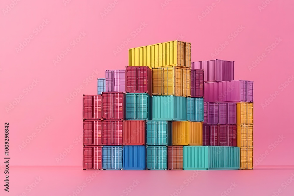 Poster colorful shipping containers stacked against a pink background, creating a vibrant and playful visua