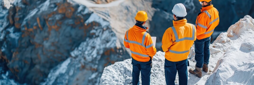 Mining engineers conducting surveys in panoramic quarry landscape