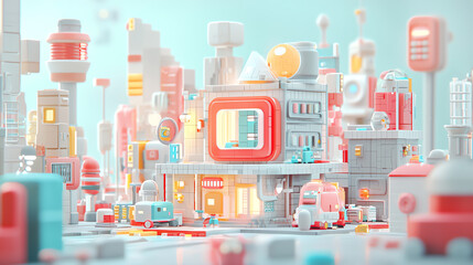 Miniature house with cuttingedge architecture, nestled within a bustling futuristic cityscape with glowing towers
